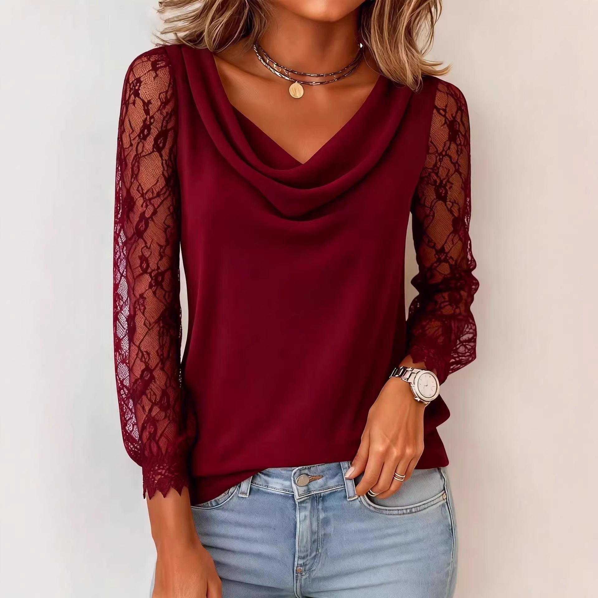 Women's Lace Stitching Sleeve Swing Collar Women's T-shirt