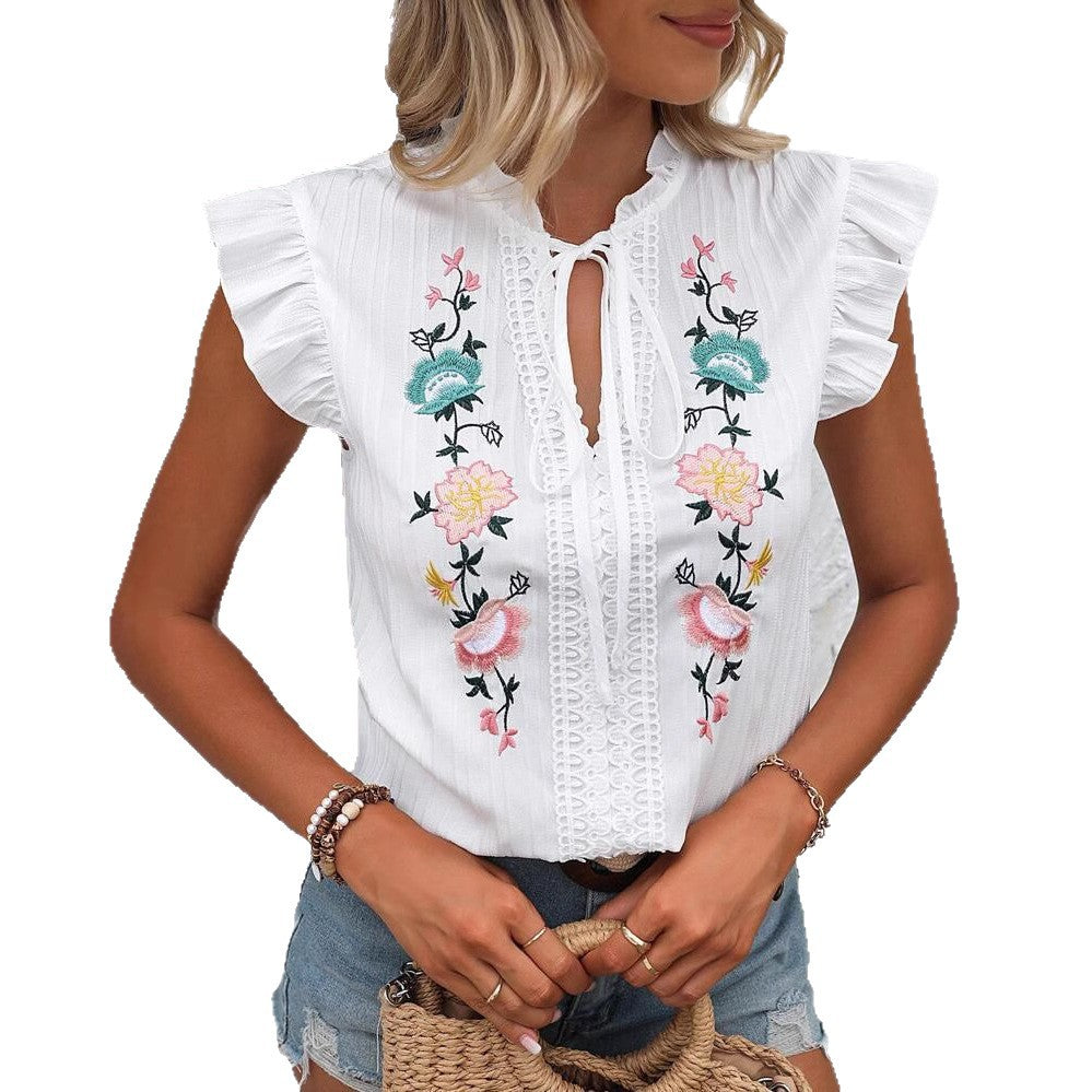 New Women's Summer Short-sleeved Embroidered Shirt Blouse