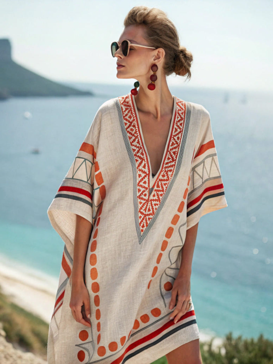 Women's Seaside Holiday Beach Printed Loose-fitting Mid-length Dress