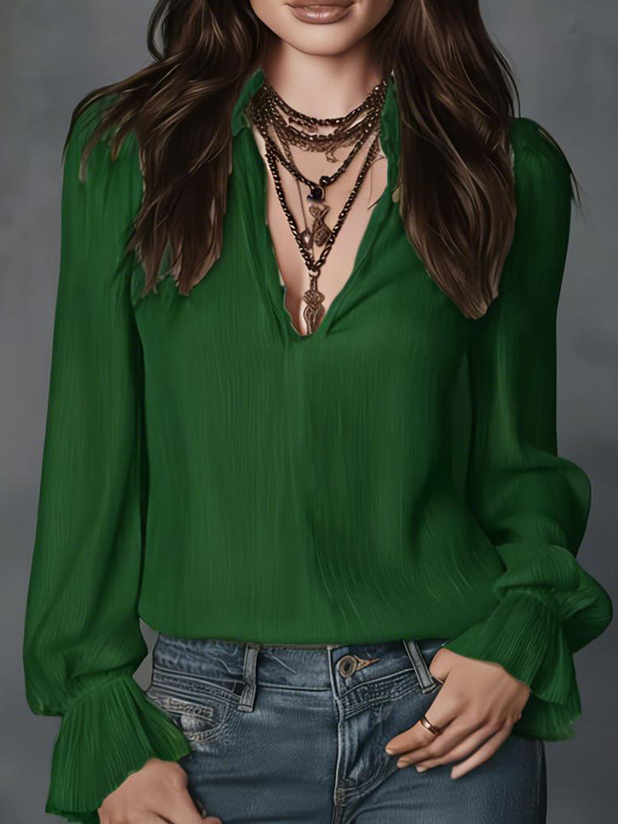 Women's Spring Stylish Temperament Long Sleeves Solid Color Casual Lapel Shirt Blouse
