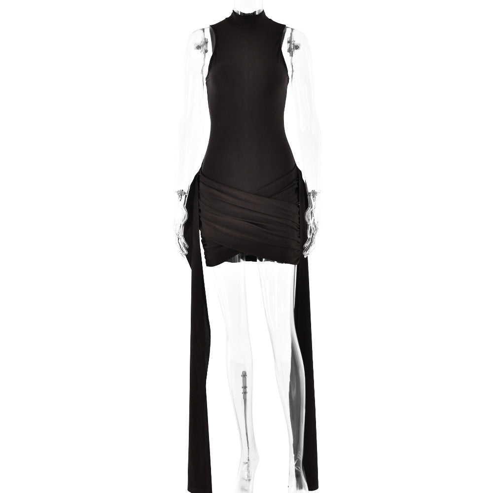 Spring Sexy Temperament Solid Color Round Neck Sleeveless Dress