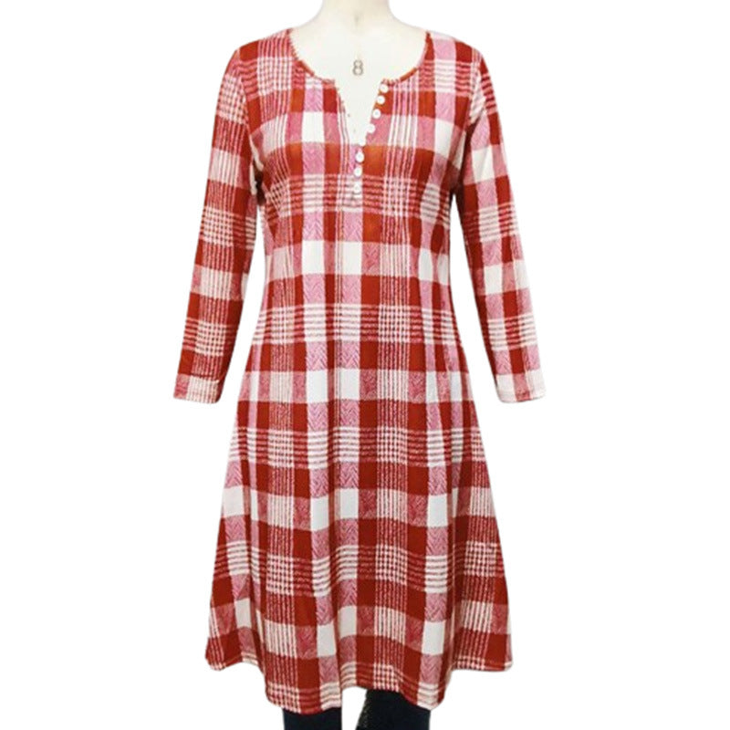 Beautiful Attractive Red Retro Plaid Button Dress
