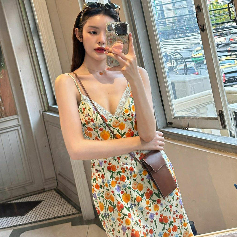 Women's Fashion Backless Printed Sexy Slip Lace Dress