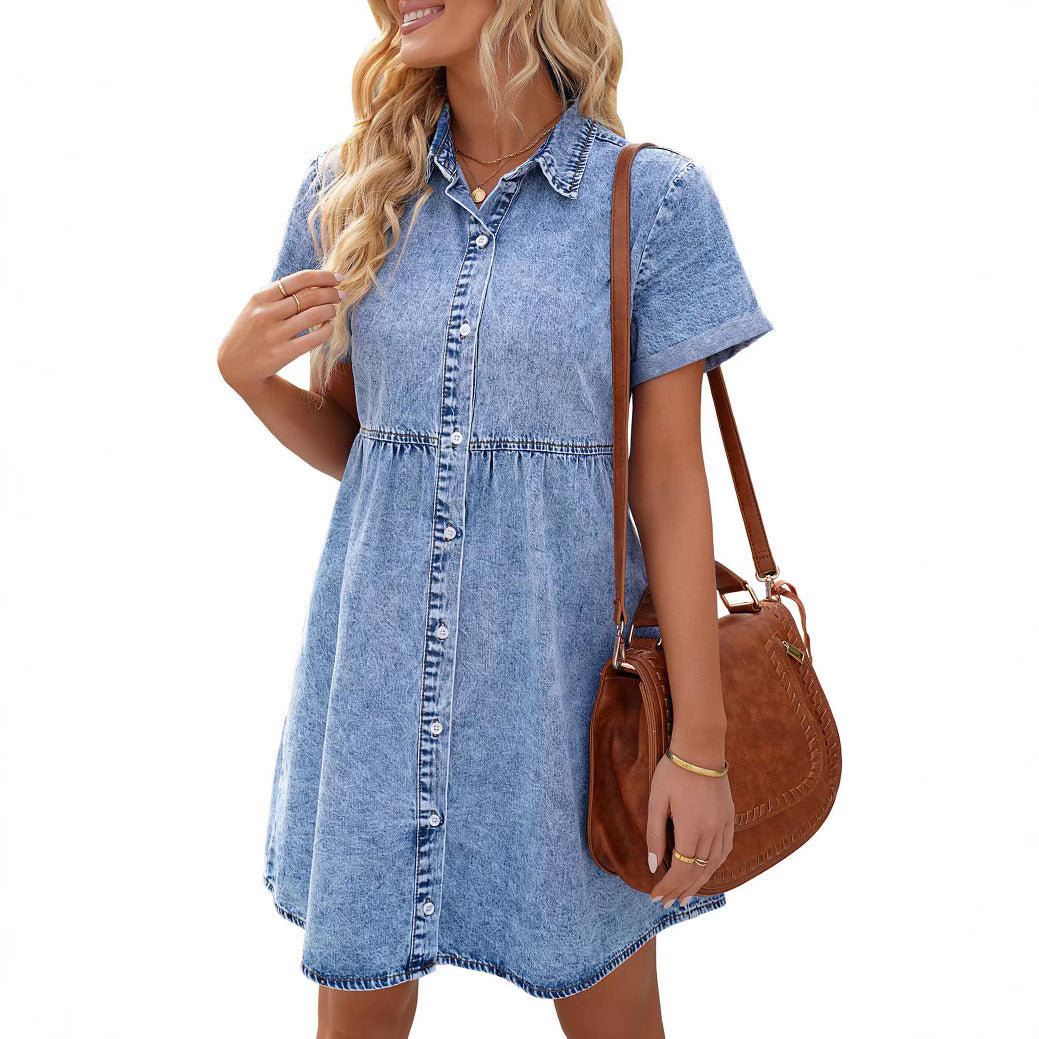 Trendy Women's Summer Denim Short-sleeved Midi Dress