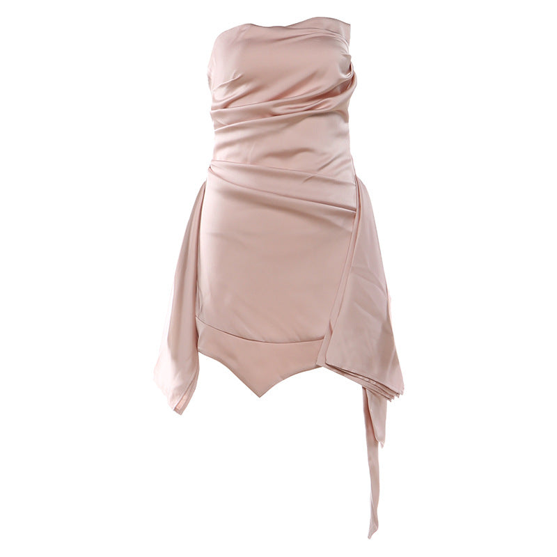 Women's Graceful Tube Backless Waist Trimming Pleated Solid Dress