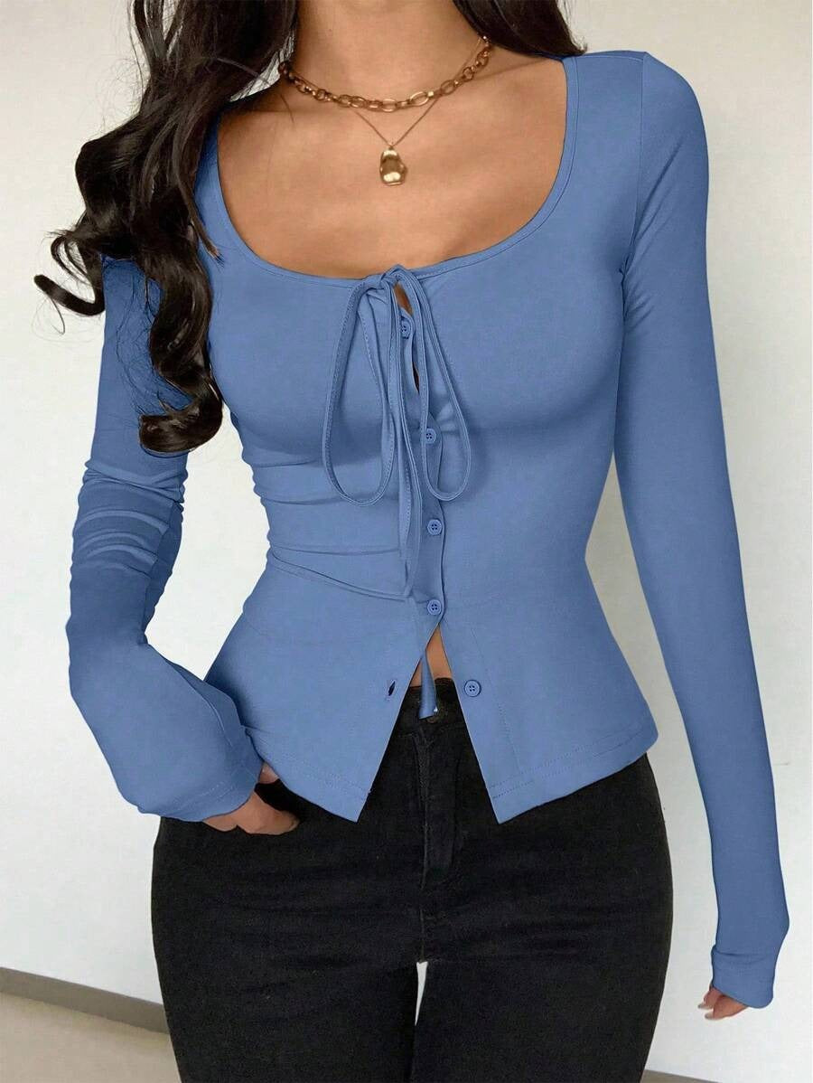 Women's Sexy Long-sleeved Slim Slimming Button Women's T-shirt