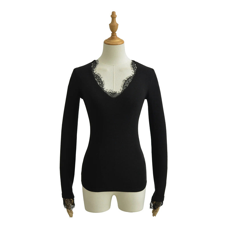 Women's Hot Lace Stitching Long-sleeved Bottoming Shirt Pure Desire Tight Solid Women's T-shirt