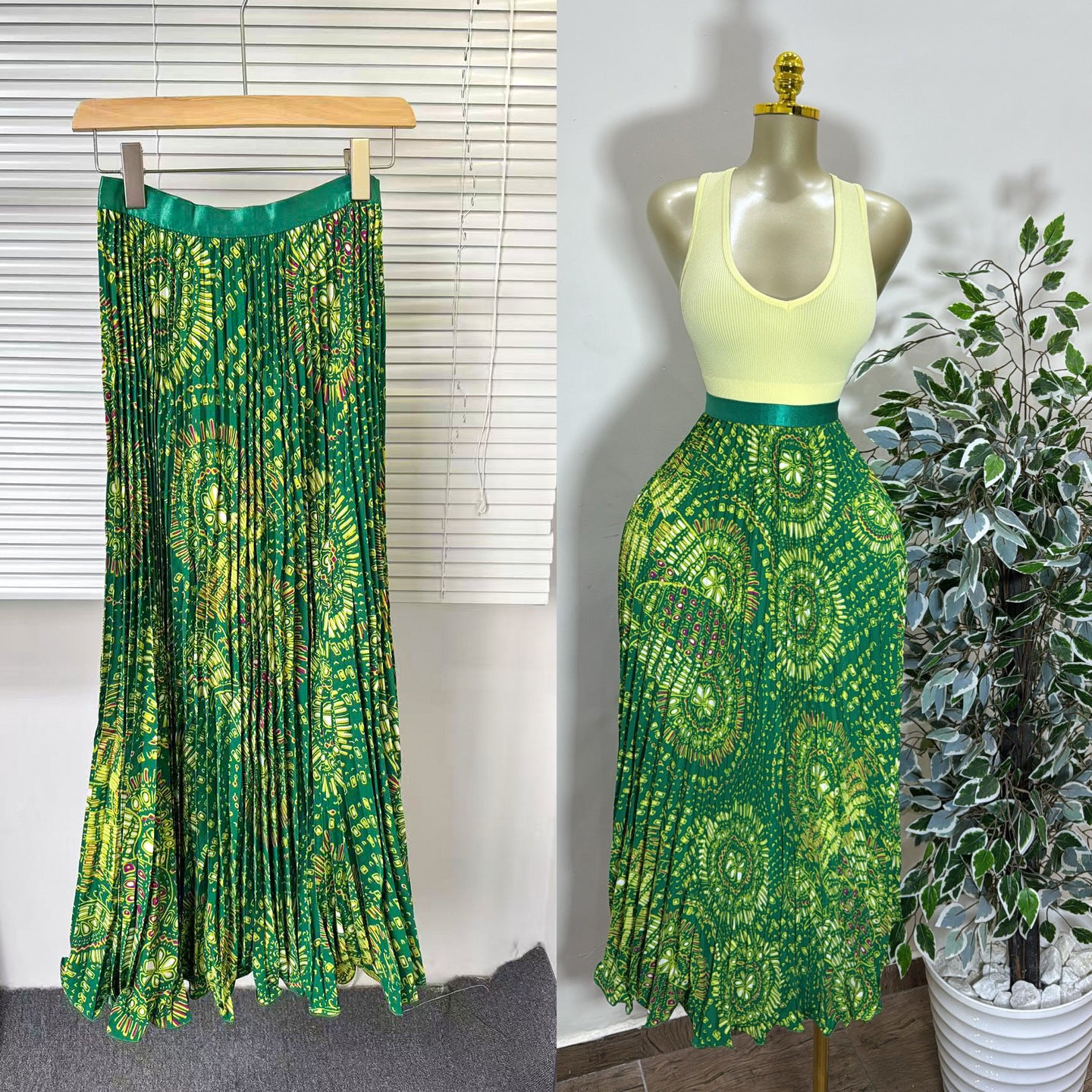 Women's Retro Printed High Waist A- Line Mid-length Pleated Large Hem Skirt