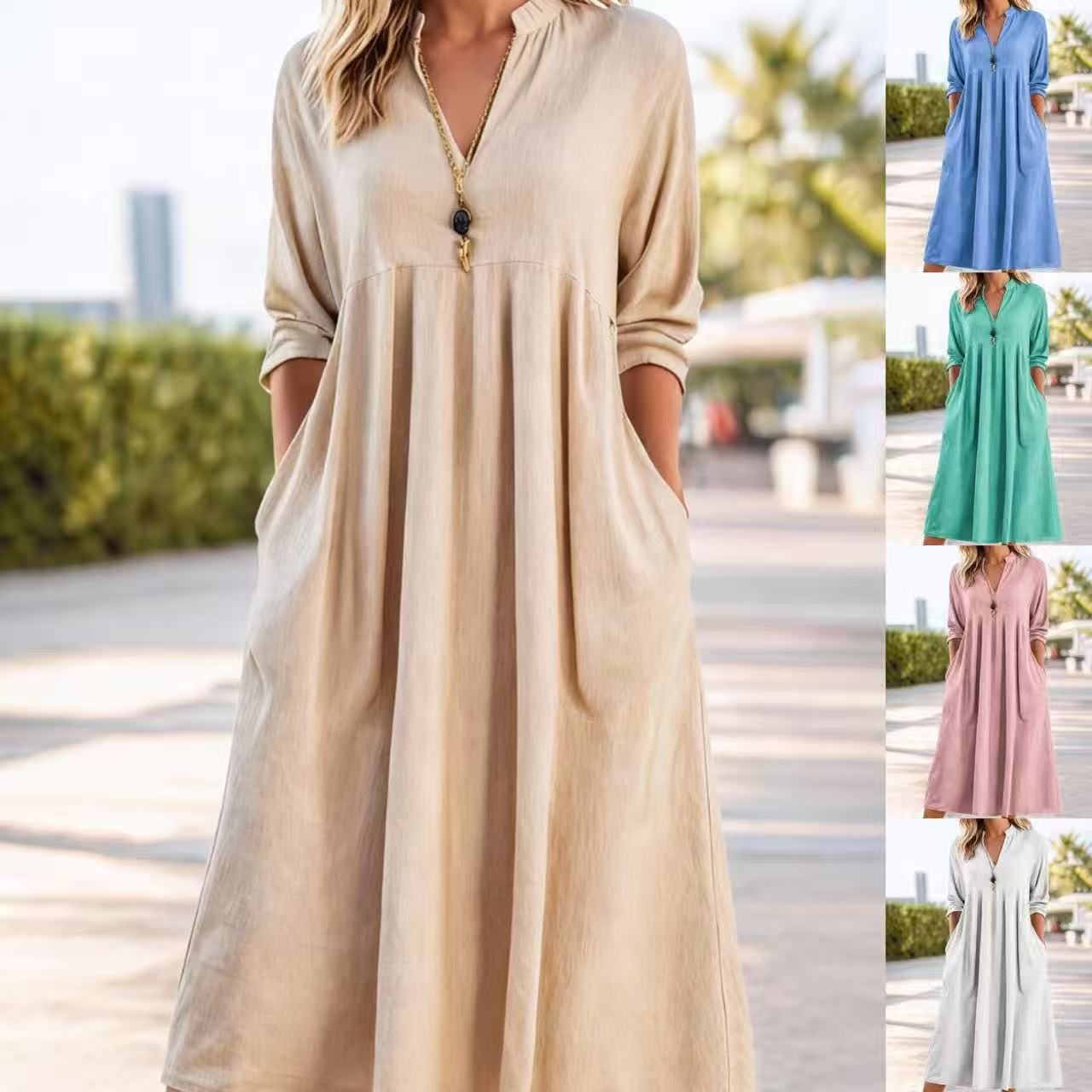 Women's Autumn Casual Loose Fashion Vintage Cotton Linen Long Dress