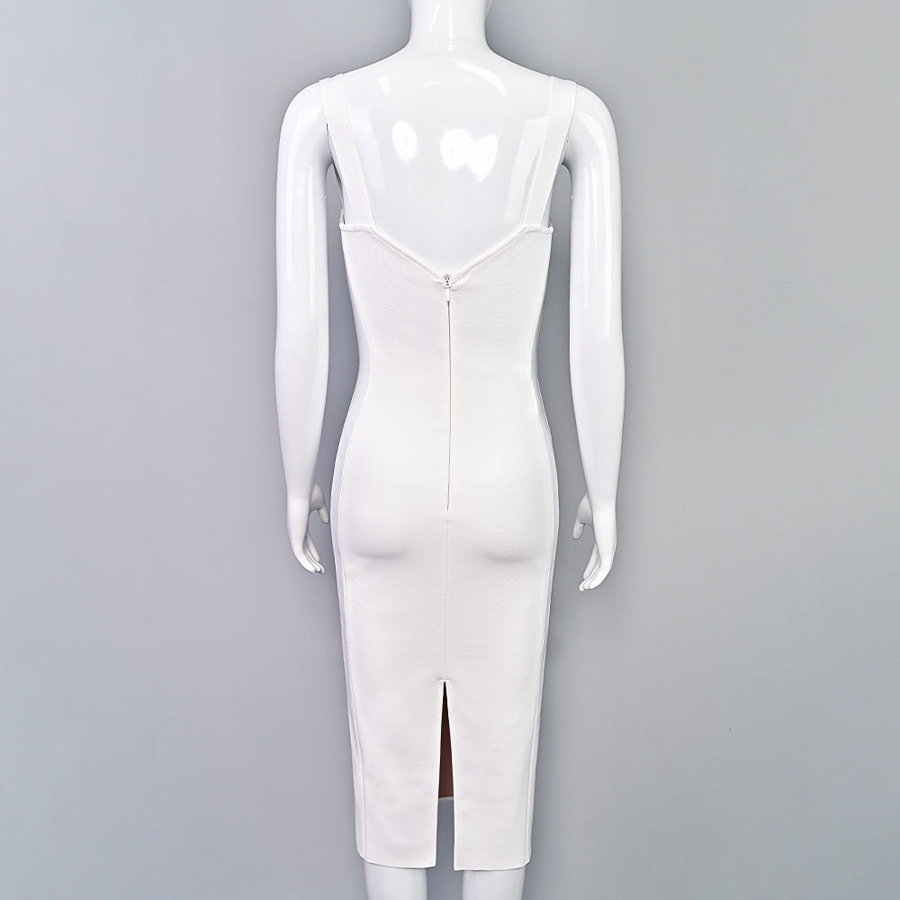 Women's Pleated Mesh White French Sexy Bandage Dress