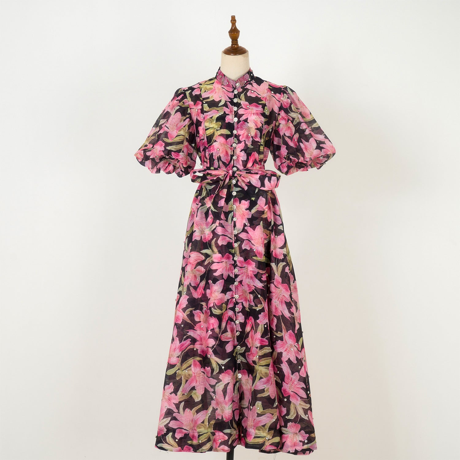 Summer Palace Style High Design Sense Rhinestone Sleeve Single-breasted Long Dress