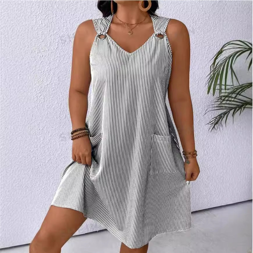 Creative Round Neck Pocket Striped Overall Skirts