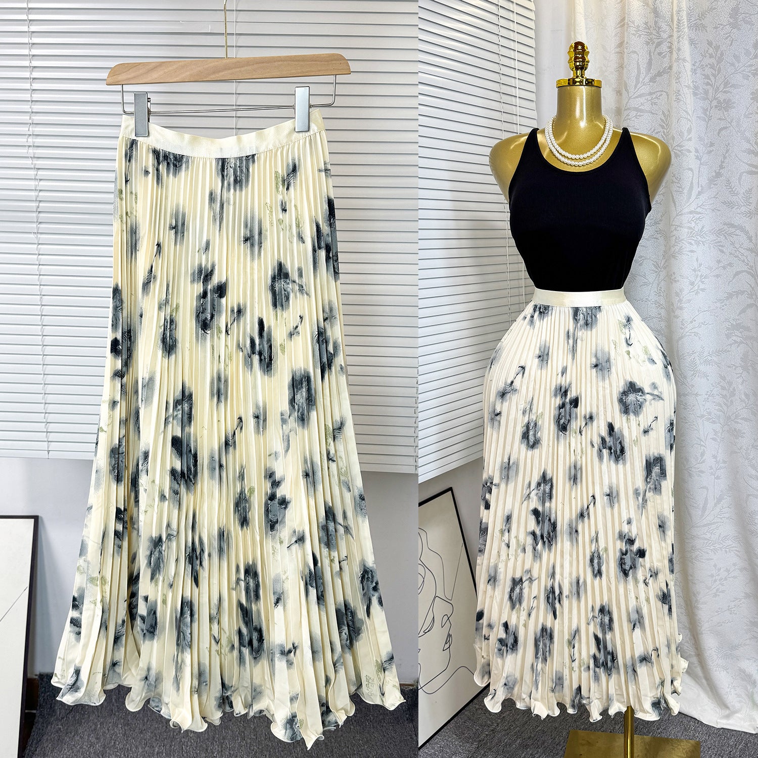 Women's Retro Printed High Waist A- Line Mid-length Pleated Large Hem Skirt