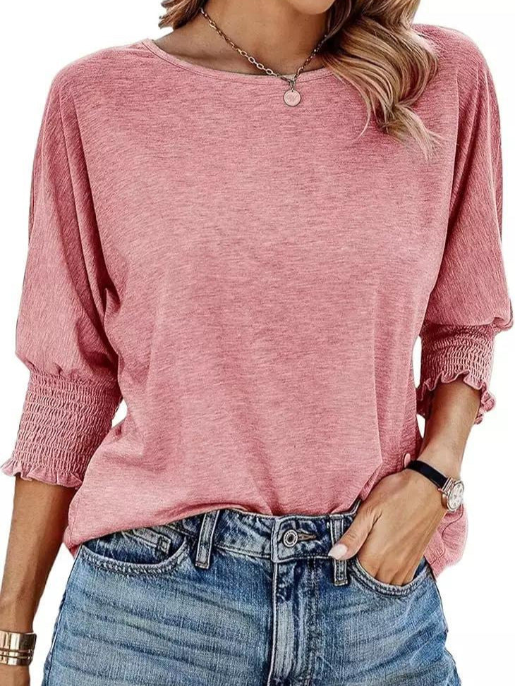 Women's Summer Stylish Loose Round Neck Cuff Smocking Long Women's T-shirt
