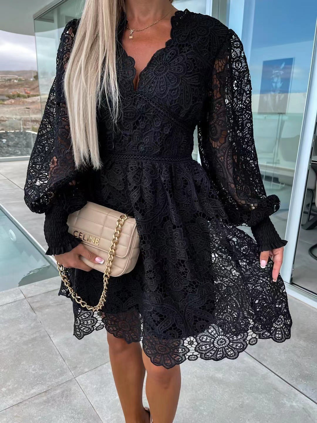 Sexy Hollow Water-soluble Lace Temperament Commute Dress