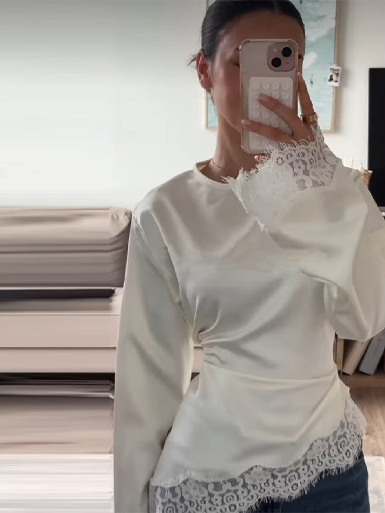 Women's Satin Lace Patchwork Round Neck Long Sleeves Tops