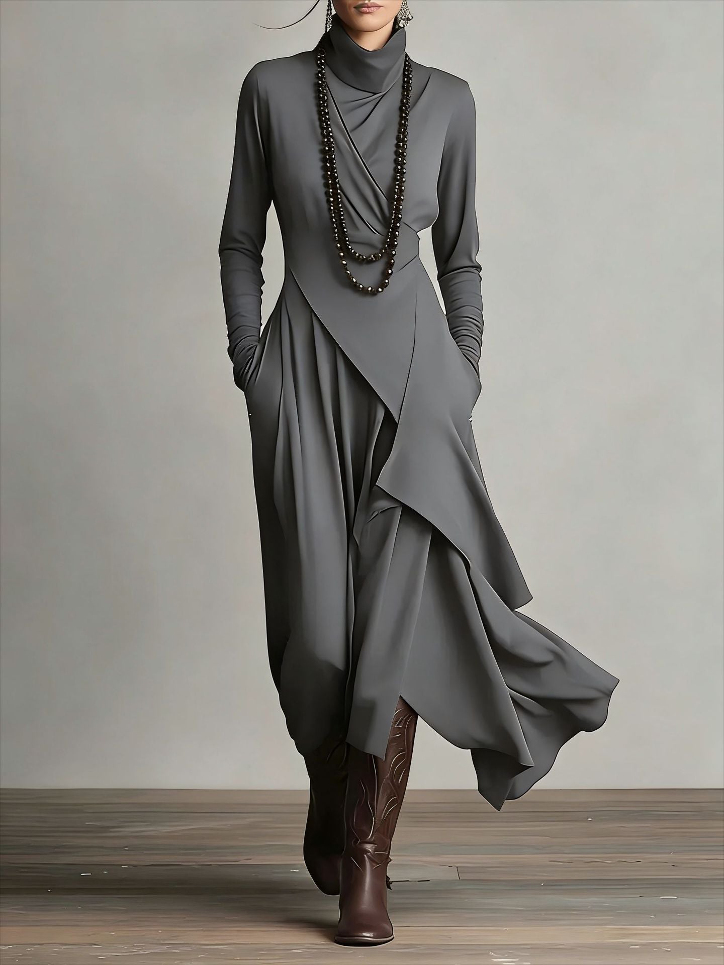 Women's European Solid Color Long Sleeve Cross Dress