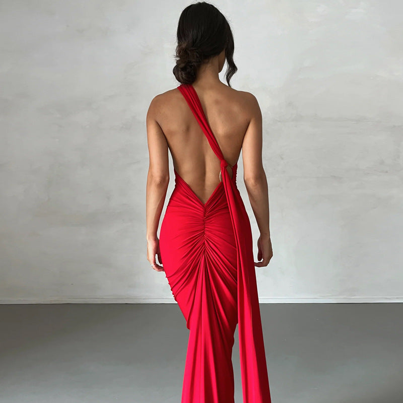 Women's Summer Sexy Backless Pleated Slim Sleeveless Elegant Dress