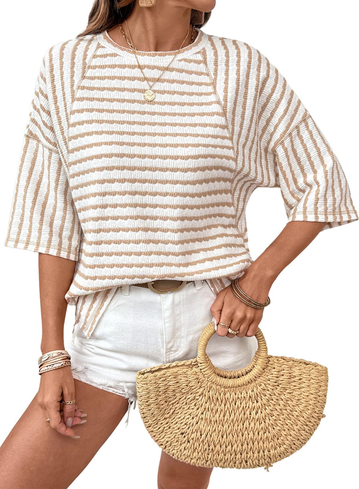 Women's Summer Pullover Simple Striped Half Sleeve Women's T-shirt