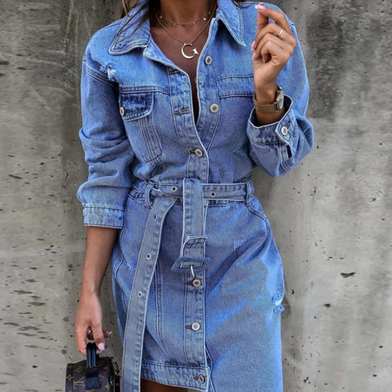 Spring Denim Lapel Long Sleeve Single-breasted Slim Dress