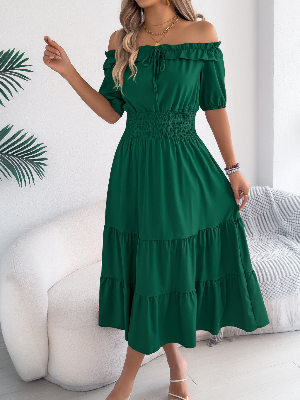 Women's Casual Stringy Seedge Sleeve Smocking Long Dress