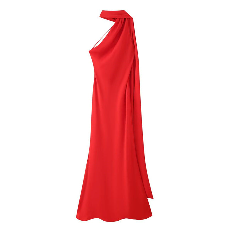 Women's Summer Silk Satin Texture Ribbon Halter Dress
