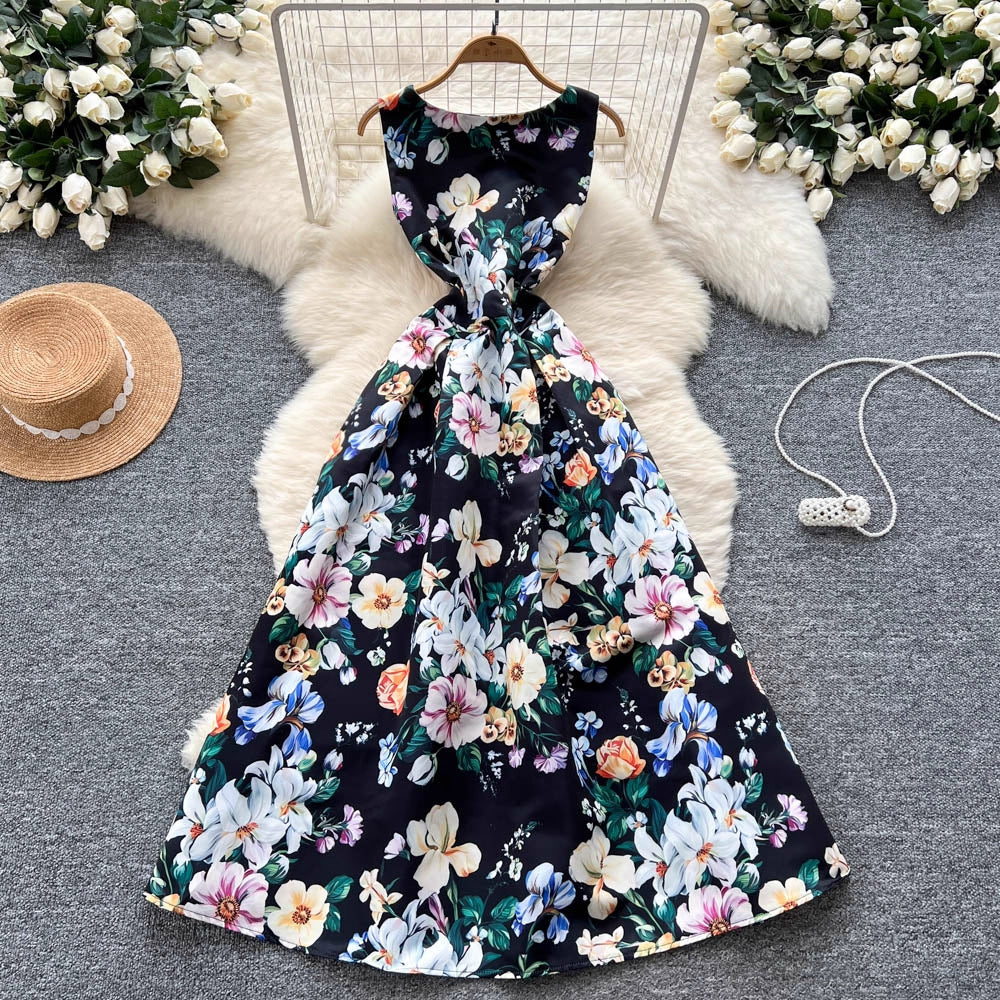 Women's Small Fashionable Retro Waist Slimming Sleeveless Fashion Printed Dress