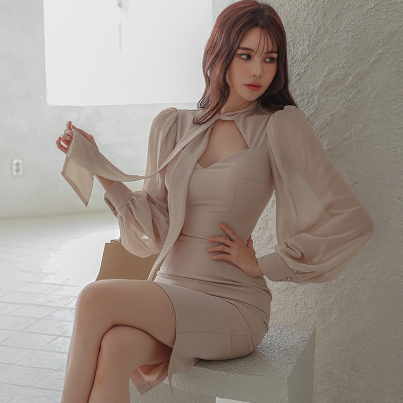 Women's Temperament Slim Fit Tied Lantern Sleeve Skirts