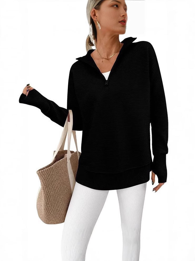 Women's Long Sleeve Half Zip Rib Knitted Pullover Early Autumn Clothing