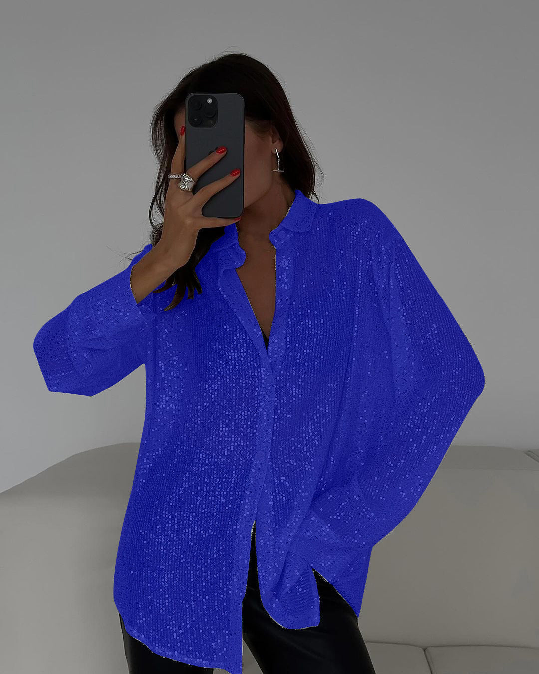 Women's Sequin Lapel Long Sleeve Basic Style Blouse