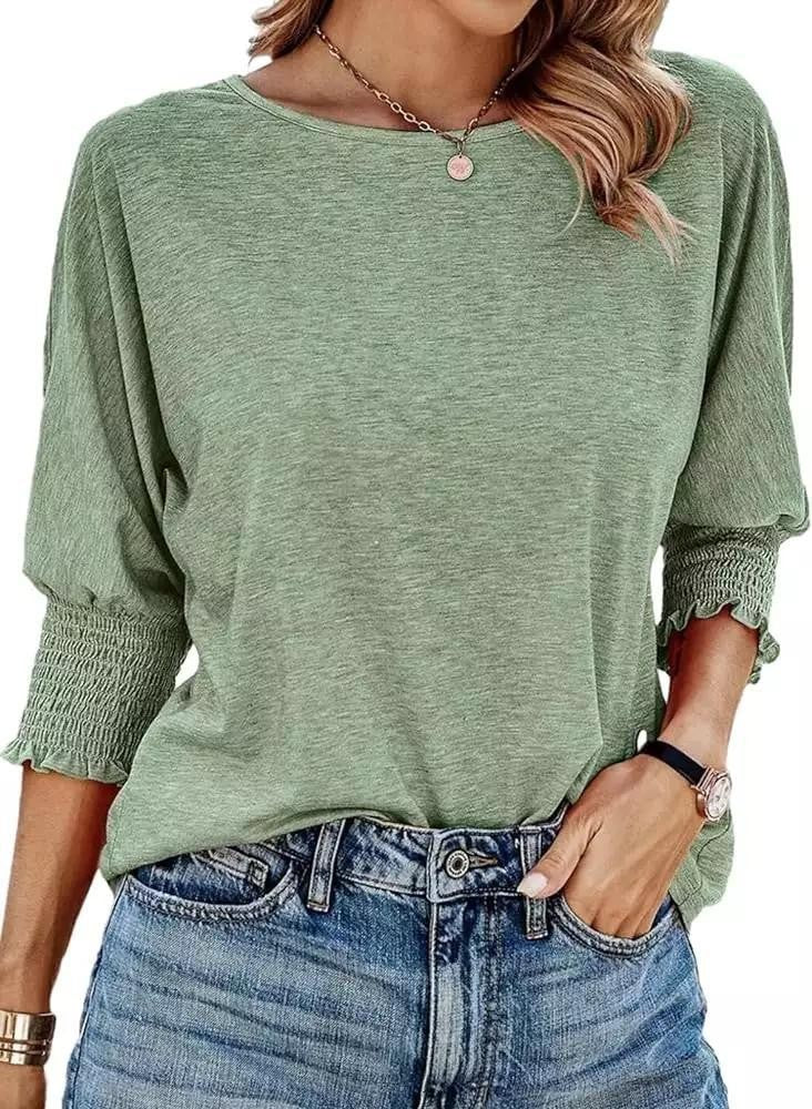 Women's Summer Stylish Loose Round Neck Cuff Smocking Long Women's T-shirt