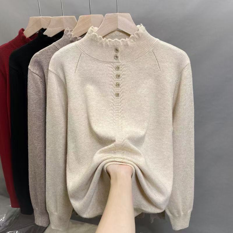 Women's Large Button Mock Neck Leisure Knitted Knitwear
