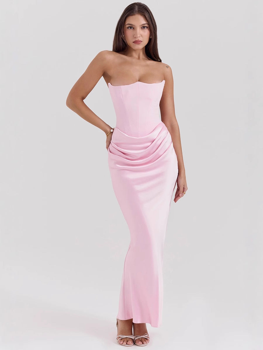 Waist Tube Fishbone Pleated Long Sheath One-piece Dress