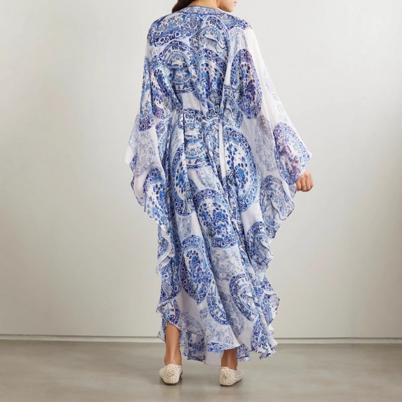 Women's Summer Blue White Porcelain Printed Loose-fitting Plus Size