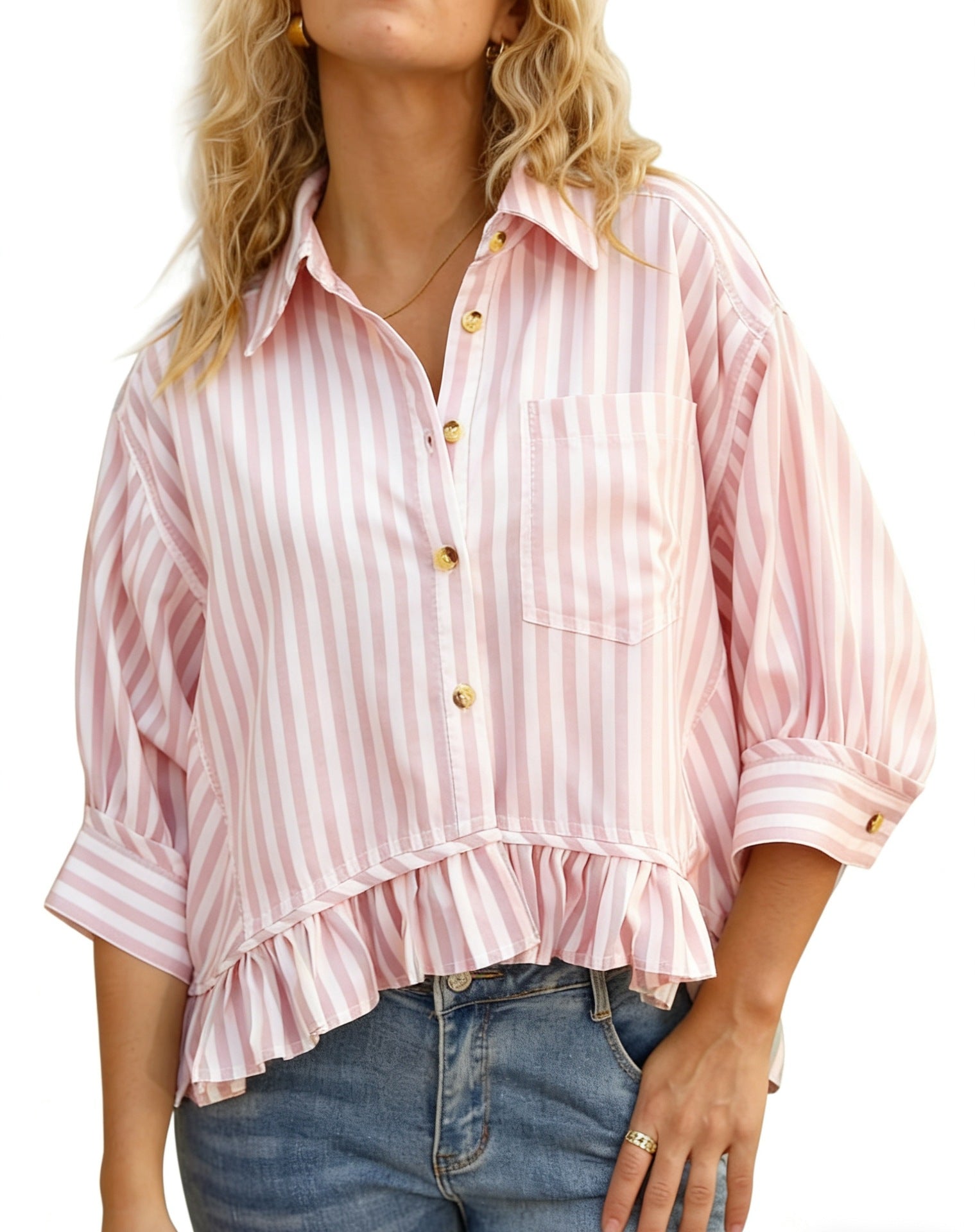 Women's Commuter Striped Lace Hem Loose Shirt Half Blouse