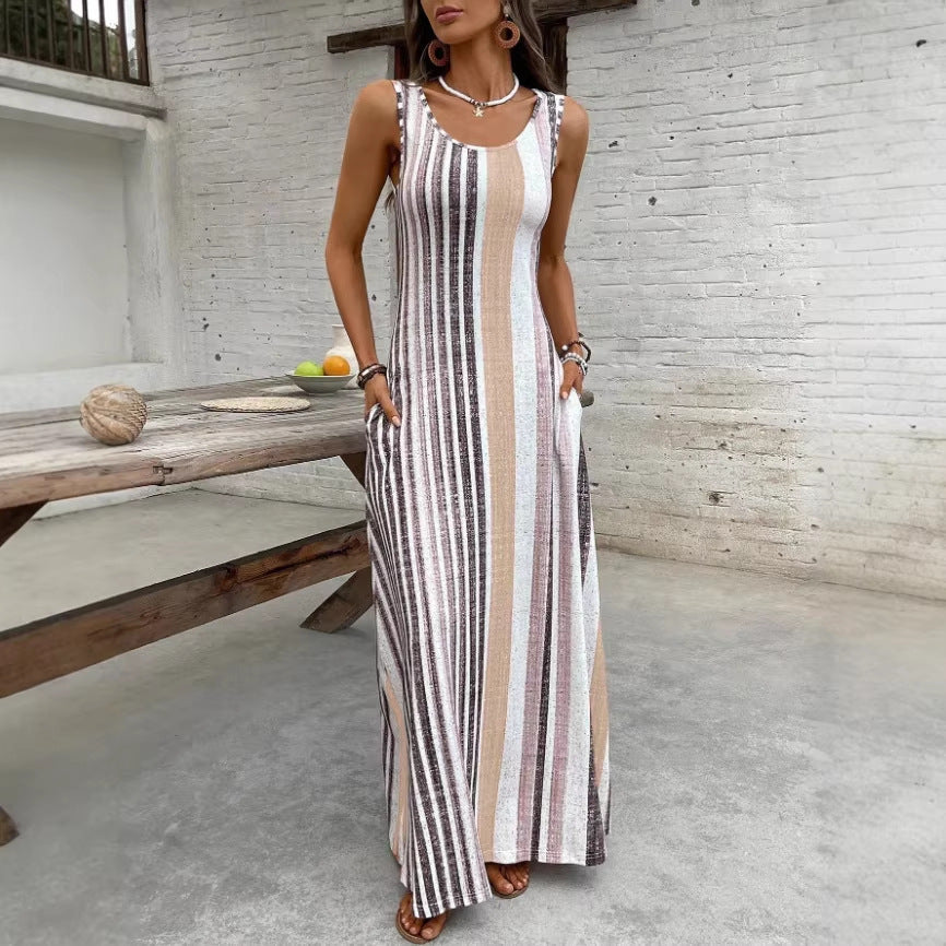 Women's Fashion Casual Sleeveless Striped Round Neck Pocket Clothing