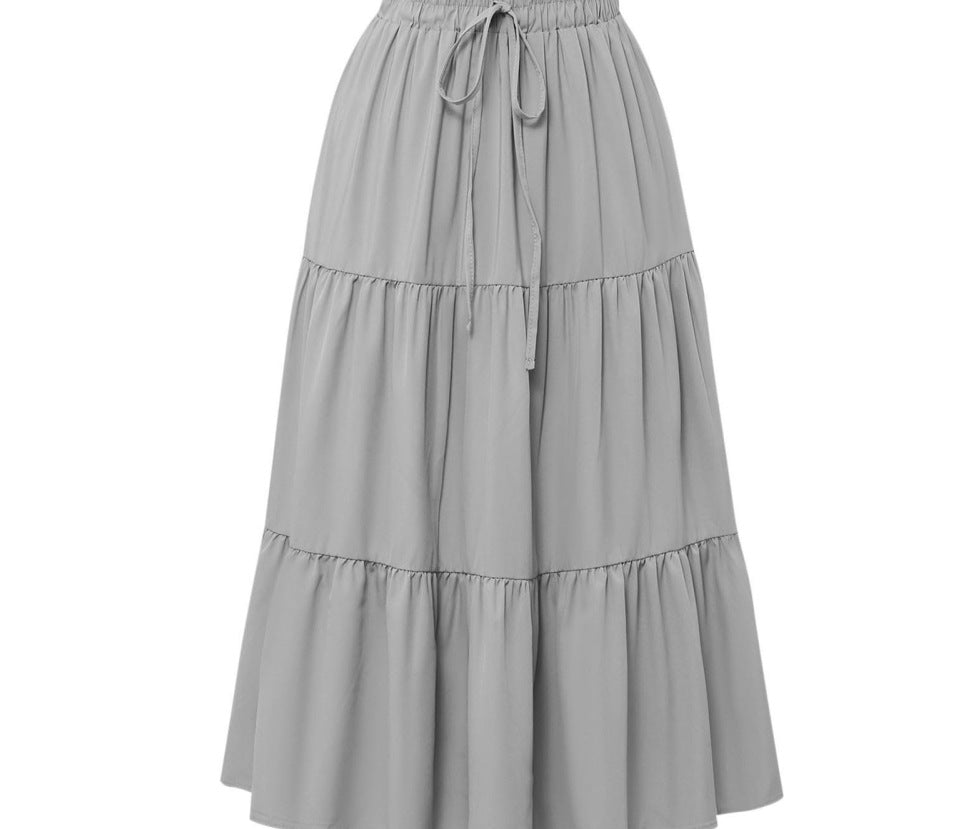 Solid Color Stitching Ruffle Elastic Pocket Skirts