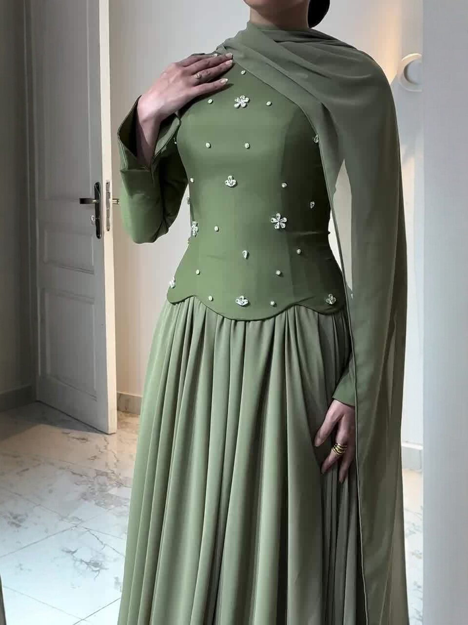 Women's Green Diamond Long Sleeves Elegant For Dress