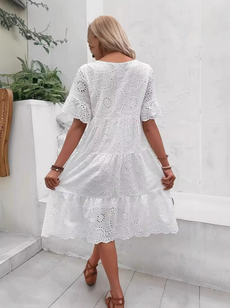 Fashion Solid Color Cotton Cloth Embroidery Dress