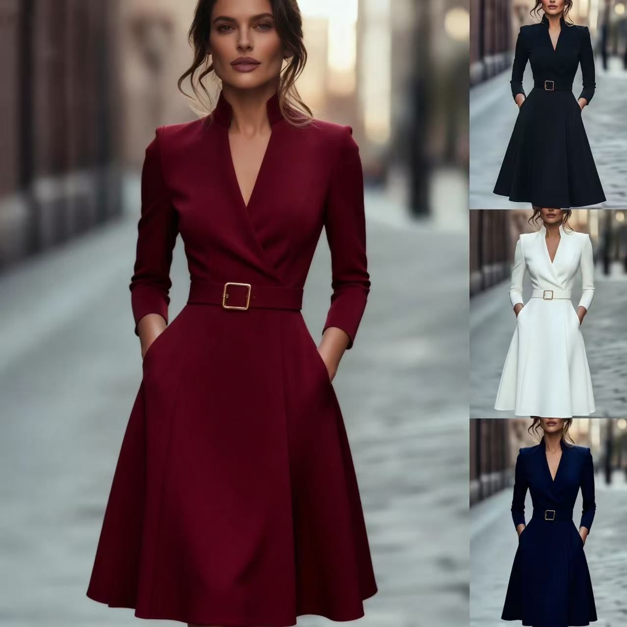 Women's Solid Color Waist Tight Swing Long Clothing