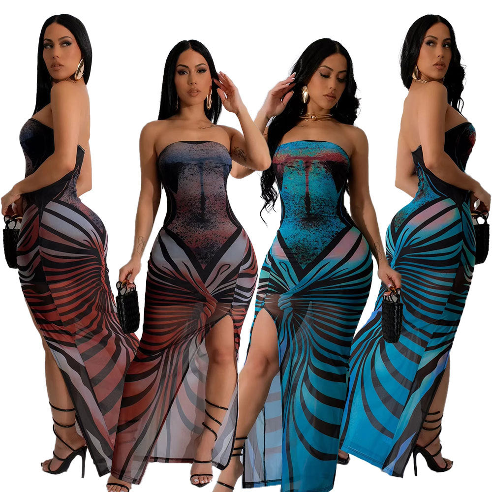 Women's Mesh Floral Print Strapless High Slit Sexy Dress