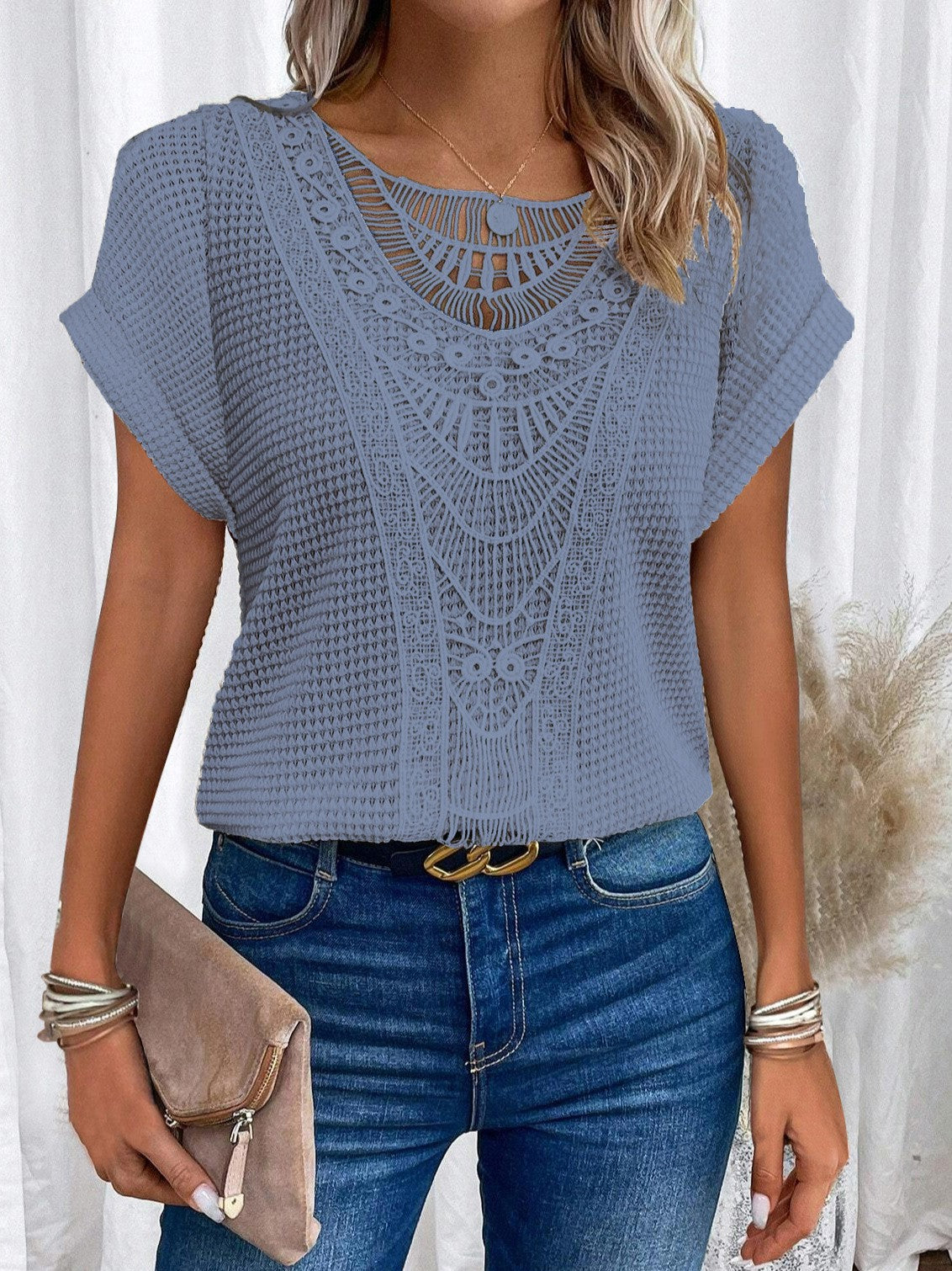 Fashion Beautiful Women's Lace Patchwork Short-sleeved Women's T-shirt
