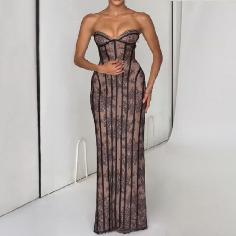 Women's Fishbone Lace Sheath Sleeveless Tube Dress