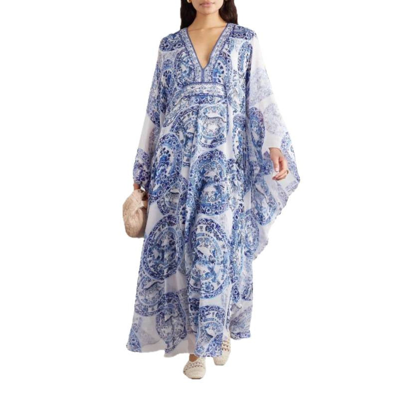 Women's Summer Blue White Porcelain Printed Loose-fitting Plus Size
