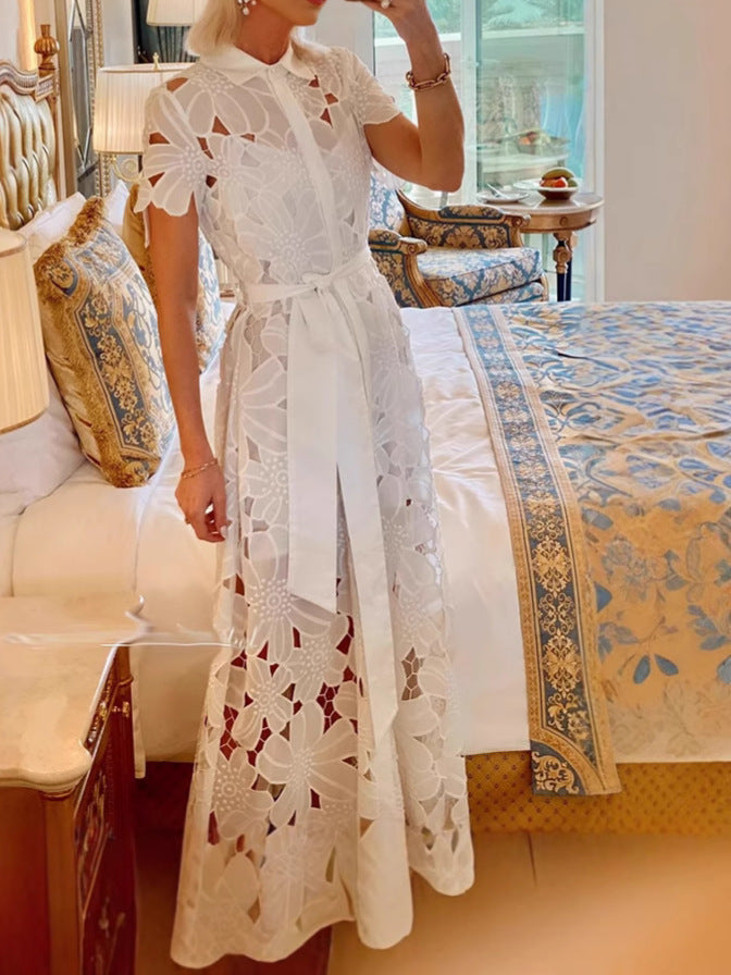 Women's Fashion Casual Lace Solid Color Single-breasted Dress