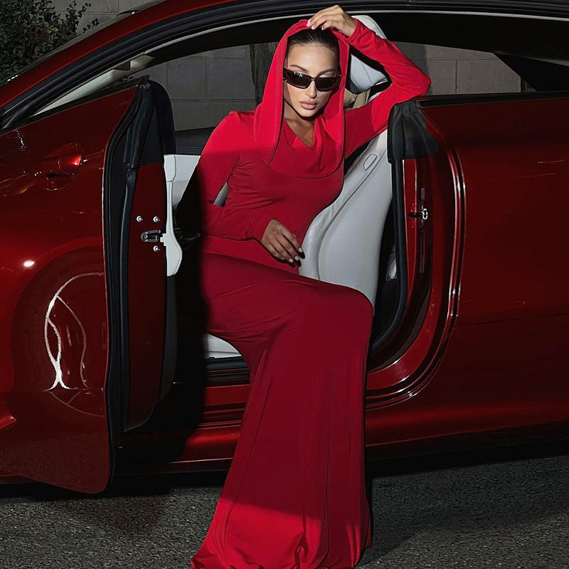 Women's Winter Fashion Temperament Pure Color Hood Dress