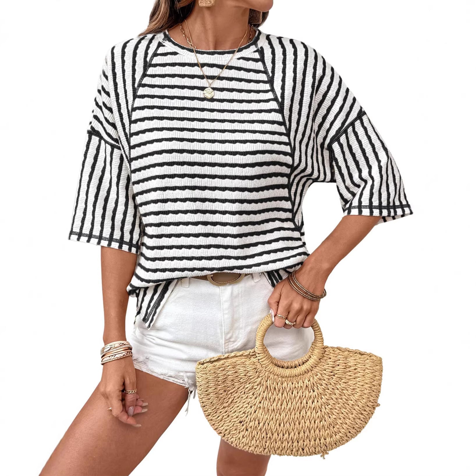 Women's Summer Pullover Simple Striped Half Sleeve Women's T-shirt
