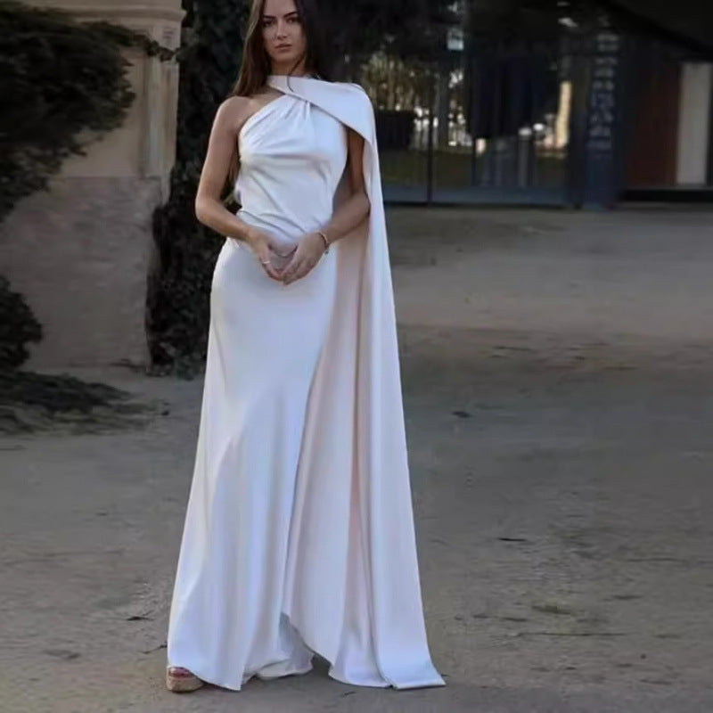 Women's Silk Satin Texture Ribbon Halter Dress