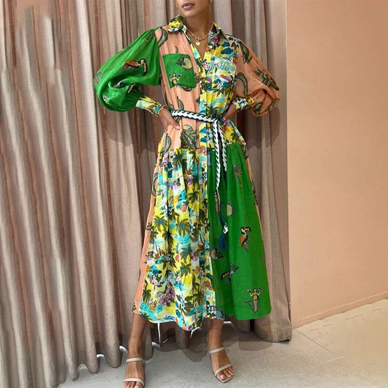 Women's Trend Printed Lantern Sleeve Long Sleeves Large Dress