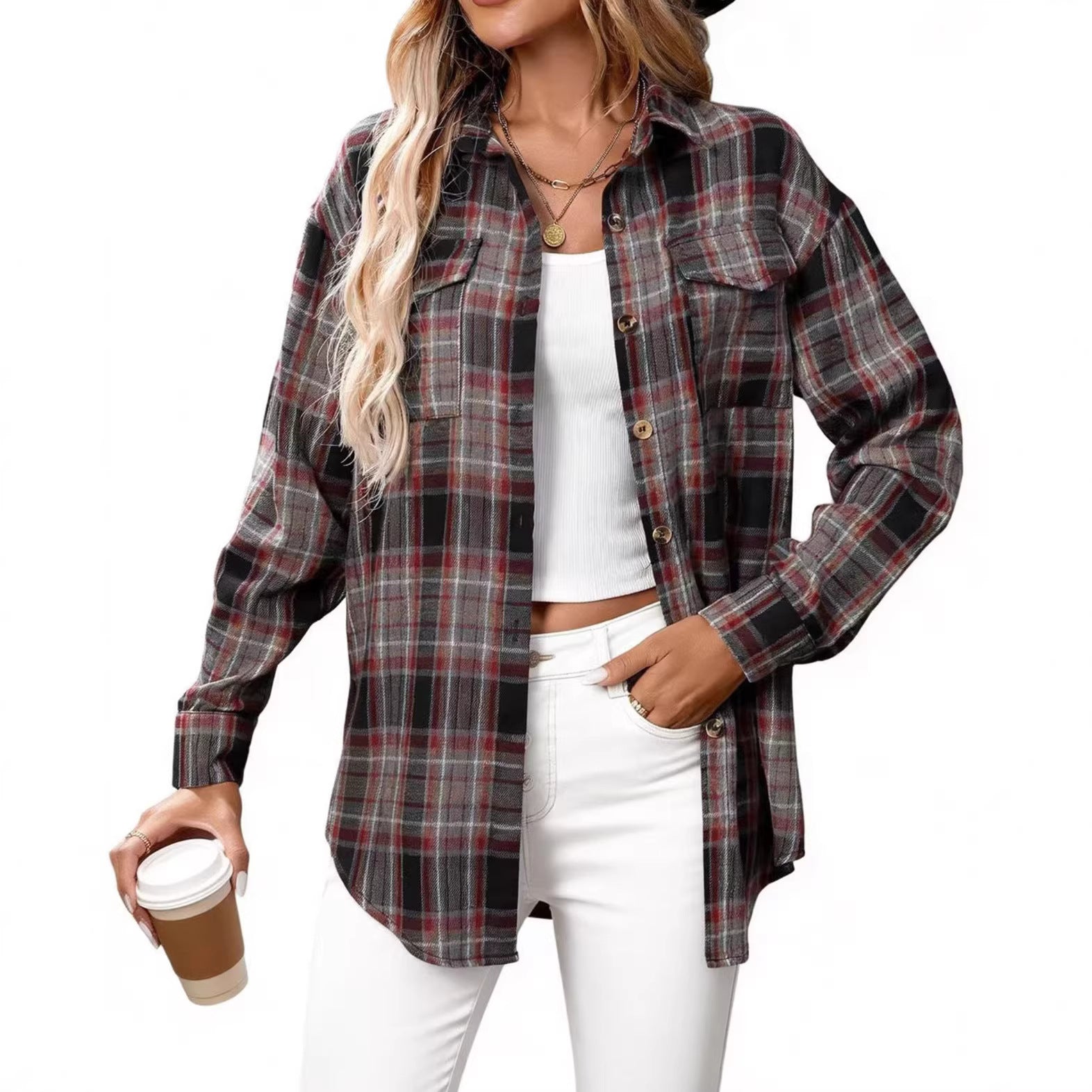 Women's Casual Fashion Loose Plaid Pocket Shirt Blouse